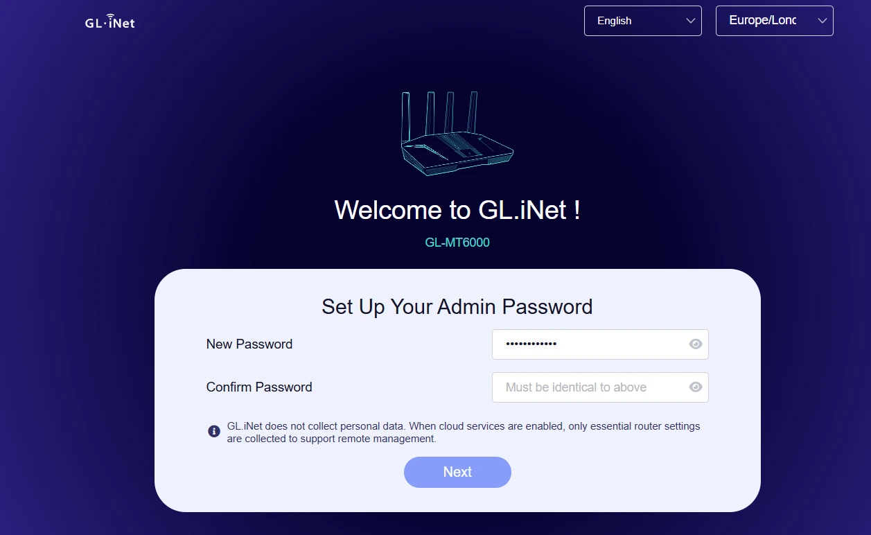 GL.iNet GL-MT6000 first-run admin page: Set Up Your Admin Password