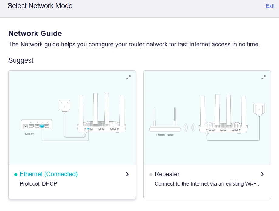 GL.iNet Network Guide showing the WAN connected over Ethernet with DHCP protocol