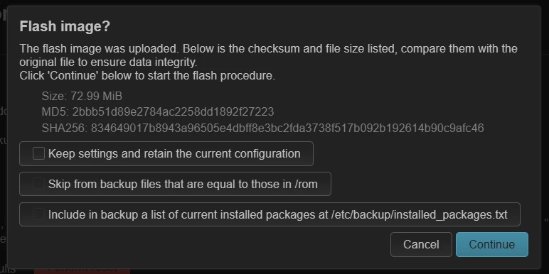LuCI Flash image dialog showing the firmware size and checksums, with Keep settings unticked, before flashing