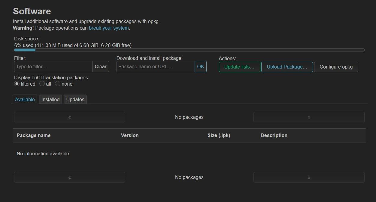 LuCI Software page with the Update lists and Upload Package actions