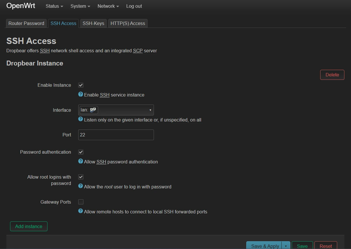 LuCI SSH Access tab with the LAN interface added so the SSH server will listen