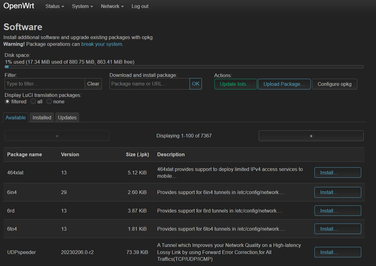 LuCI Software page with the package lists updated and no certificate errors