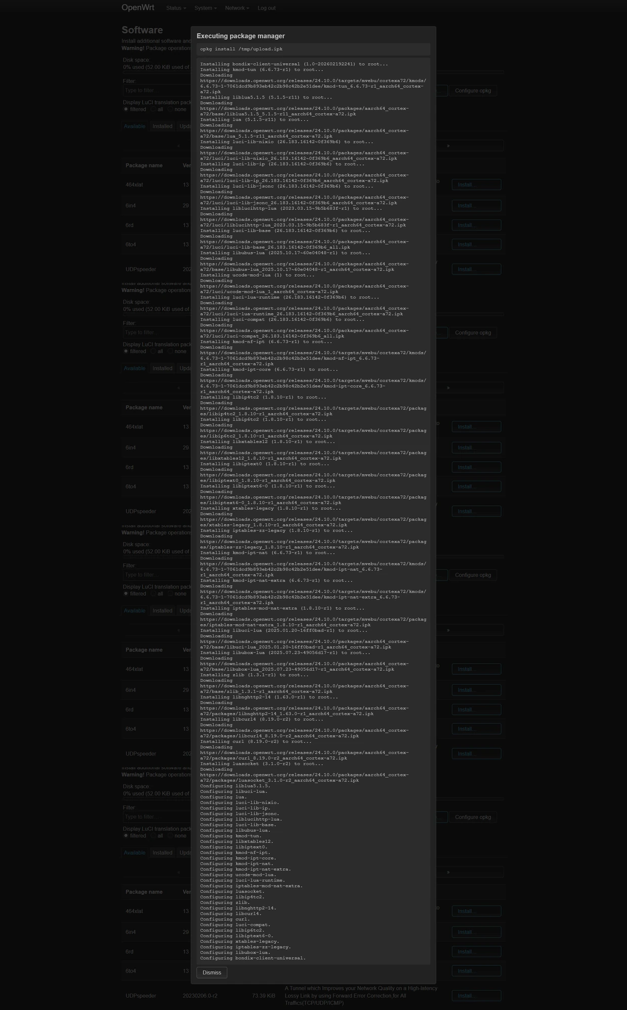 LuCI output showing the Bondix client and its dependencies installing